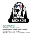 Basset Hound cut metal sign with patriotic sunglasses, shown in a product feature infographic