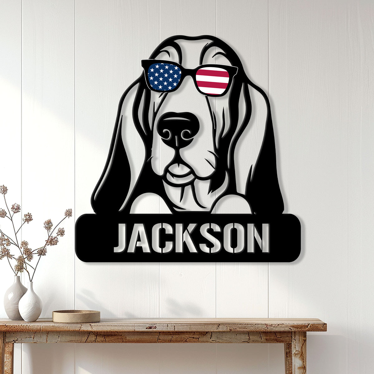 Patriotic Basset Hound metal wall sign displayed on white paneled home decor wall