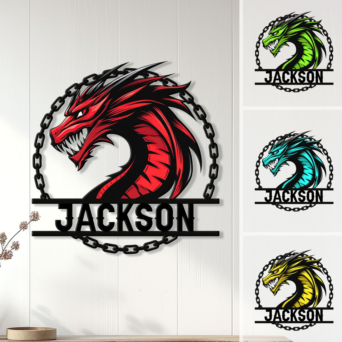 Dragon metal sign displayed on a wall with red, green, cyan, and yellow color options