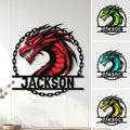 Dragon metal sign displayed on a wall with red, green, cyan, and yellow color options