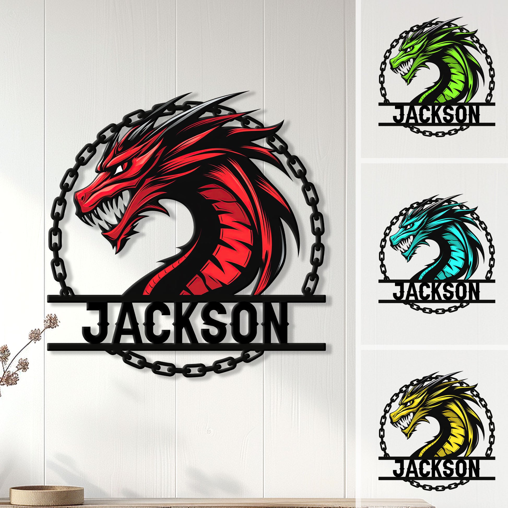 Dragon metal sign displayed on a wall with red, green, cyan, and yellow color options