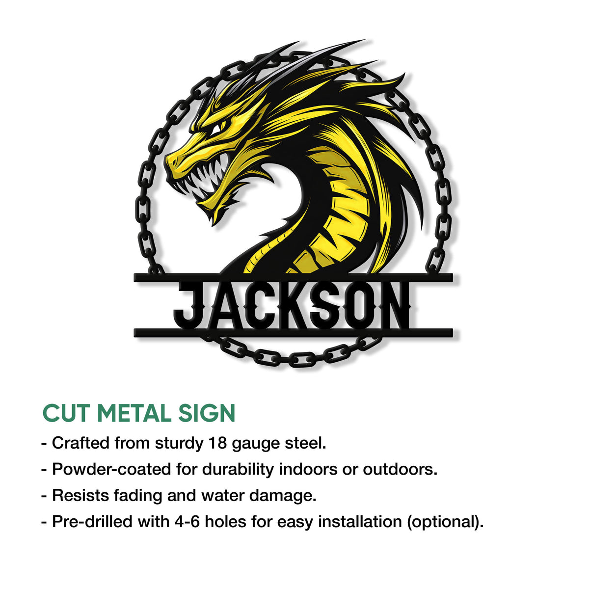 Cut metal dragon sign feature graphic showing a bold chained dragon design and product details