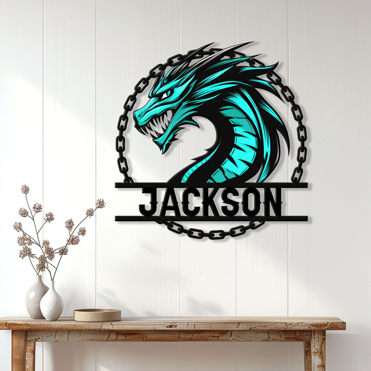 Cyan dragon metal sign displayed as dramatic fantasy wall decor above a console table