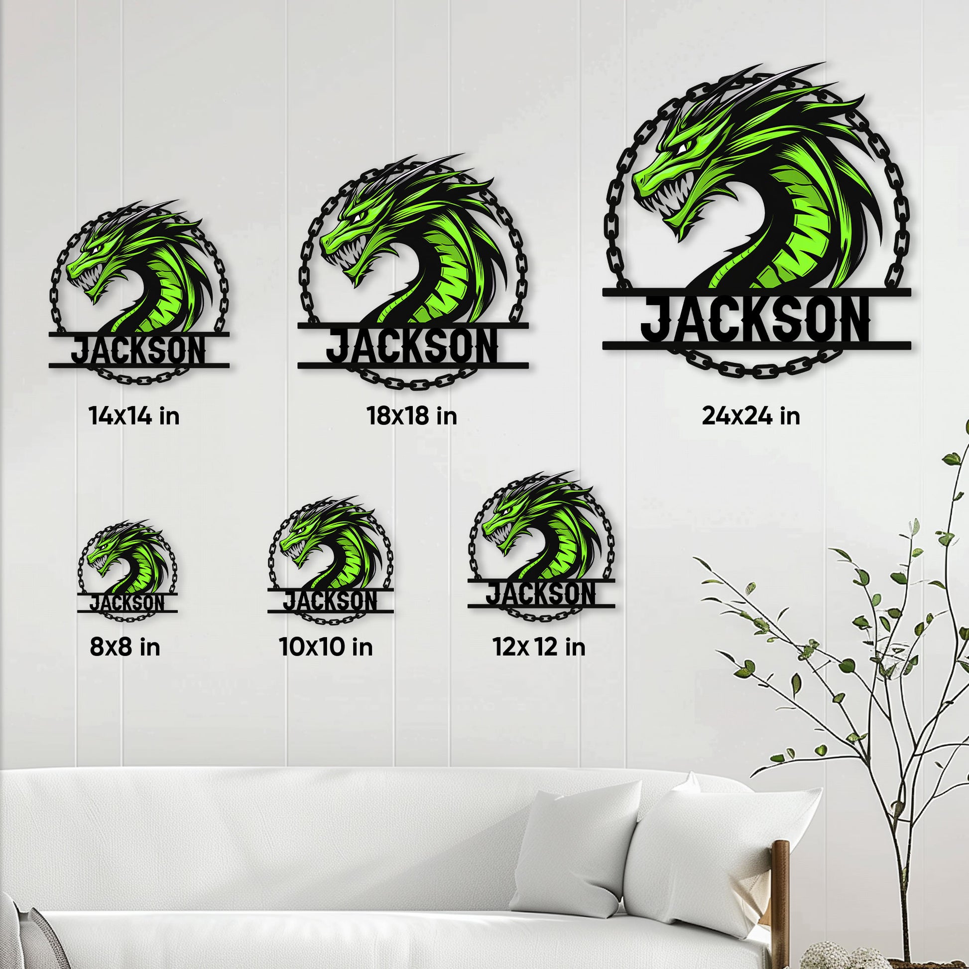 Dragon metal sign size guide showing 8x8, 10x10, 12x12, 14x14, 18x18, and 24x24 inch options