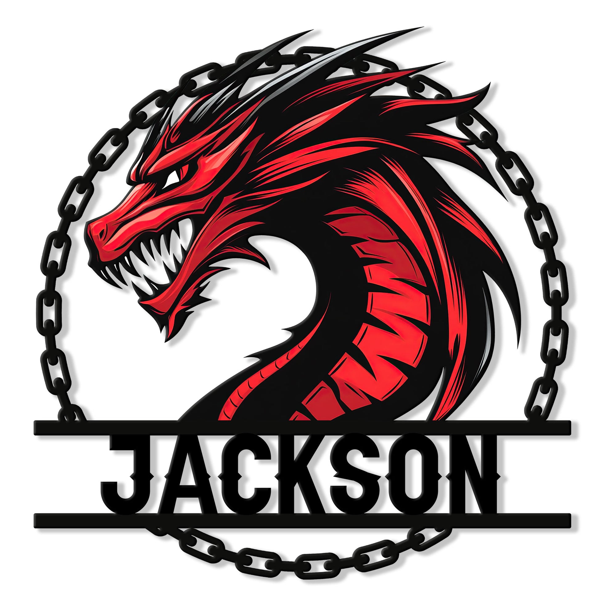 Close-up of a fierce red and black dragon metal sign with a chained circular design