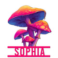 Colorful psychedelic mushroom cluster metal sign with vivid pink, purple, blue, and orange artwork