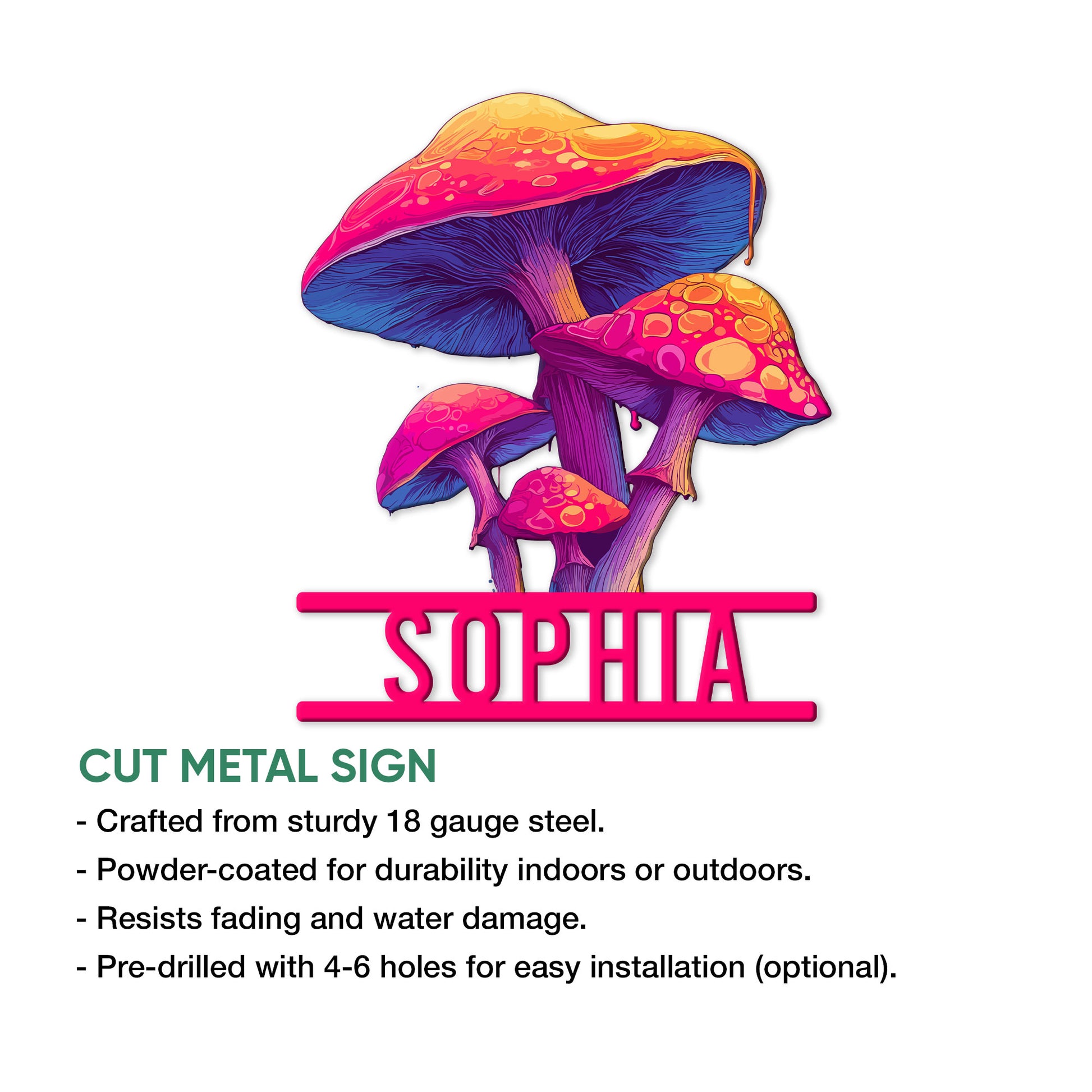 Colorful mushroom metal sign shown with cut-metal construction and indoor or outdoor display details