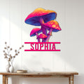 Psychedelic mushroom metal sign displayed on a light wood wall above a rustic console table