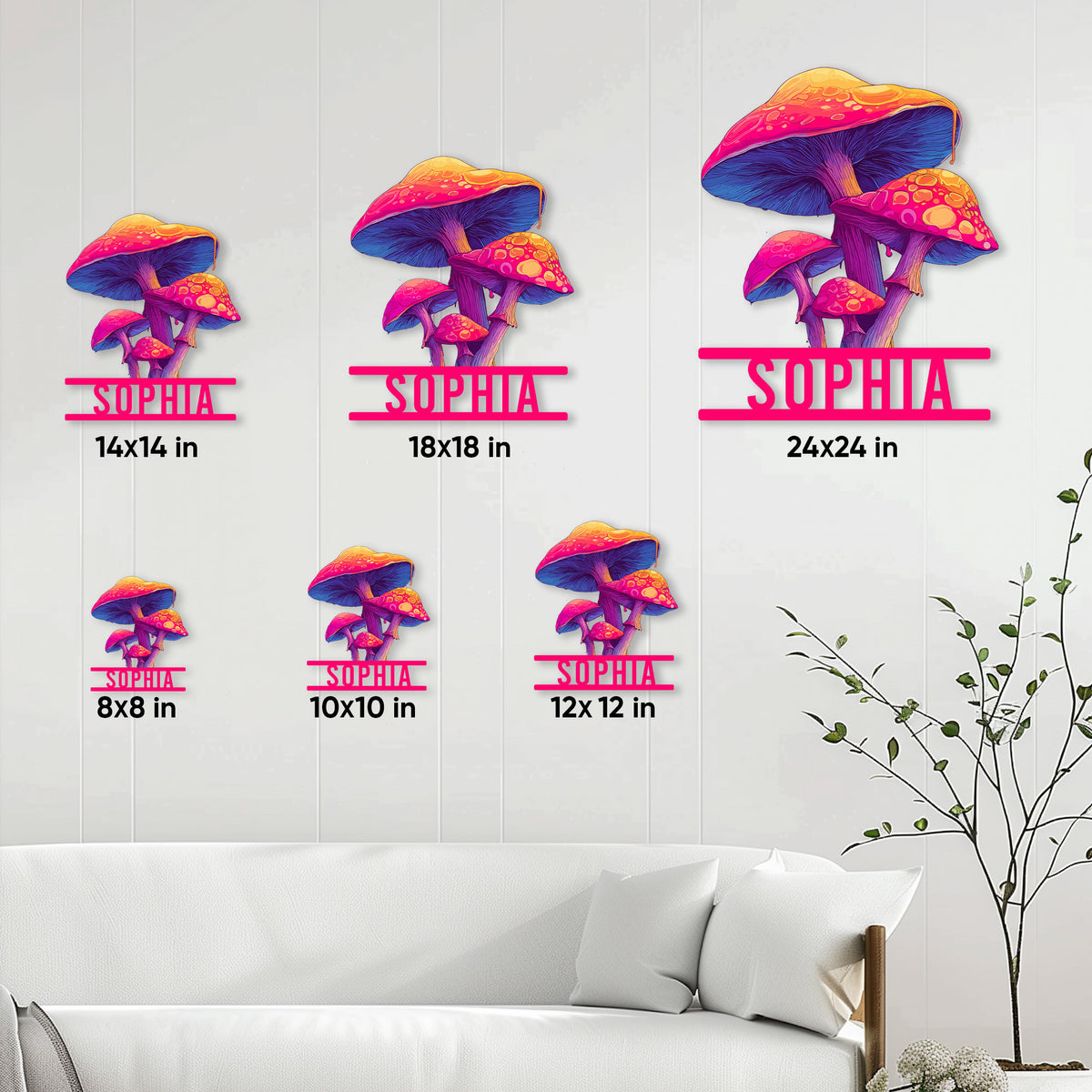Mushroom metal sign size guide showing available square sizes from 8 by 8 to 24 by 24 inches