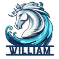Custom horse metal sign featuring a flowing white horse surrounded by bold turquoise and navy ocean waves