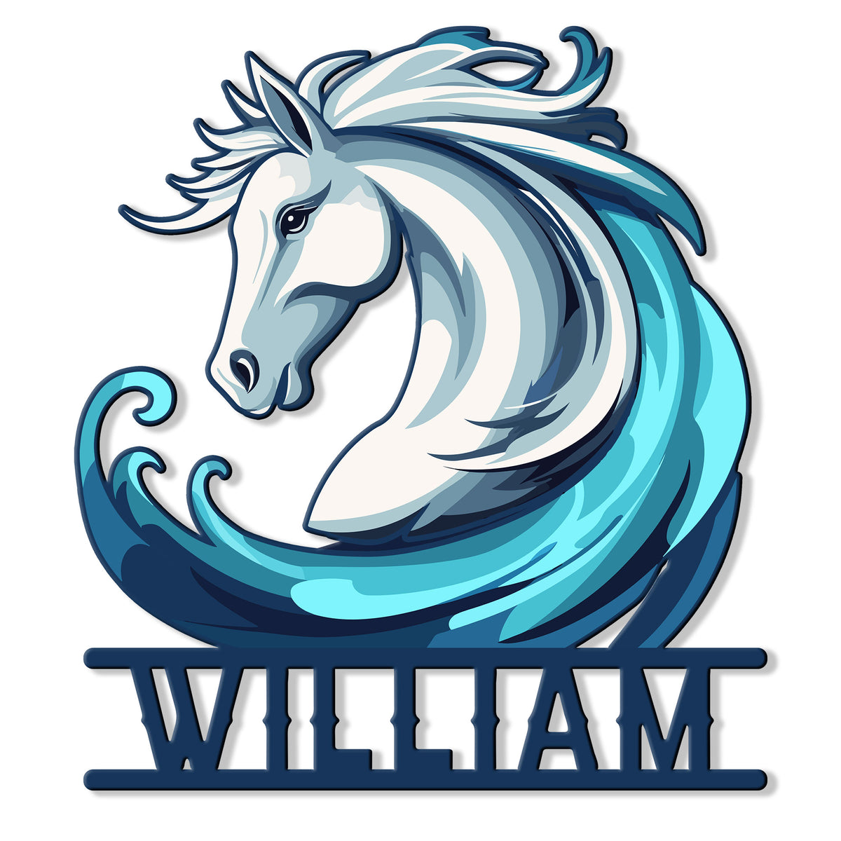 Custom horse metal sign featuring a flowing white horse surrounded by bold turquoise and navy ocean waves