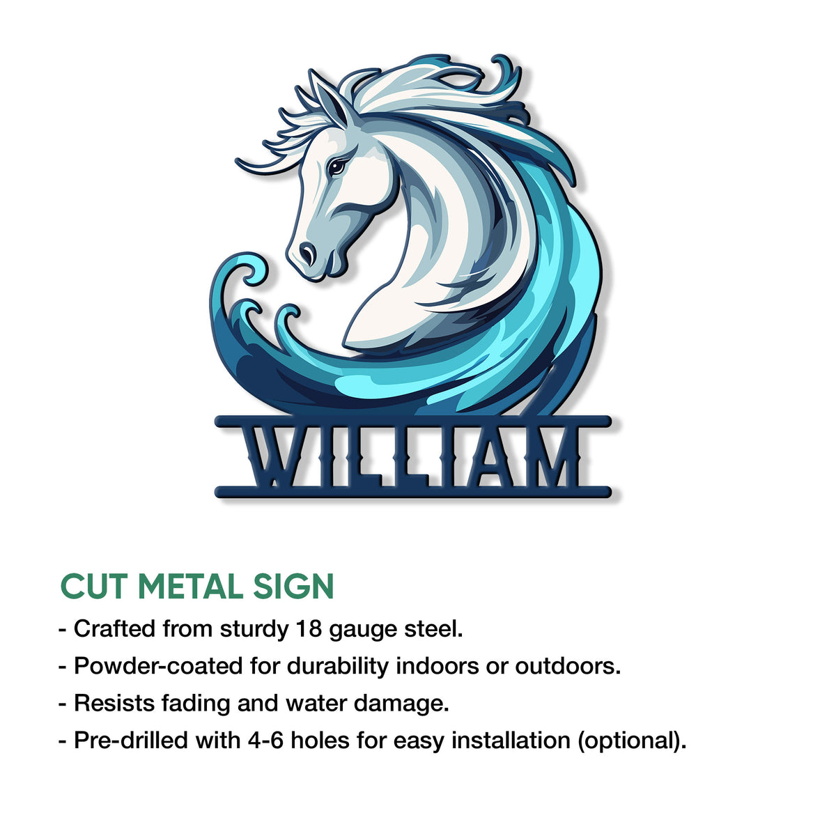 Horse wave metal sign product graphic highlighting the cut metal sign design and indoor or outdoor display use