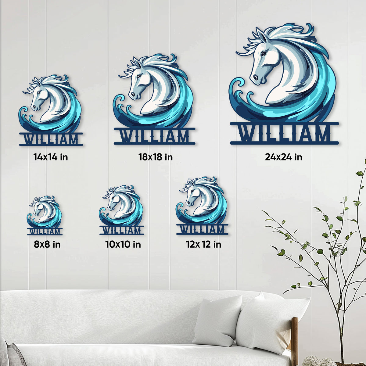 Horse metal sign size guide showing multiple available square sizes displayed on a bright paneled wall