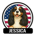 Cavalier King Charles Spaniel metal sign featuring a cheerful tricolor dog portrait against an American flag