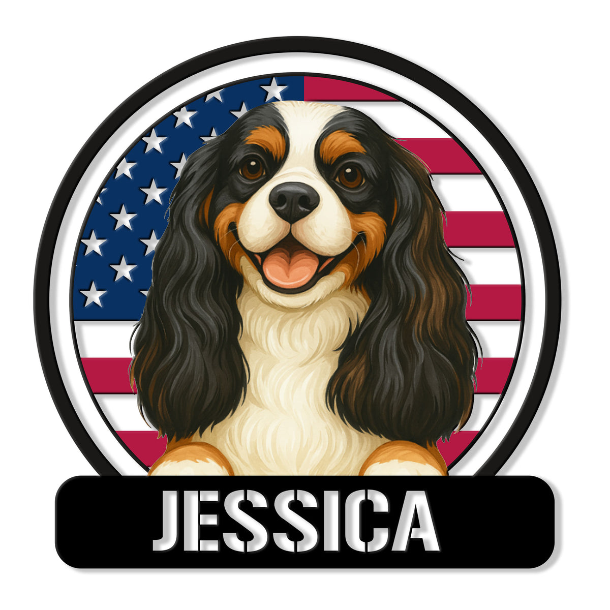 Cavalier King Charles Spaniel metal sign featuring a cheerful tricolor dog portrait against an American flag