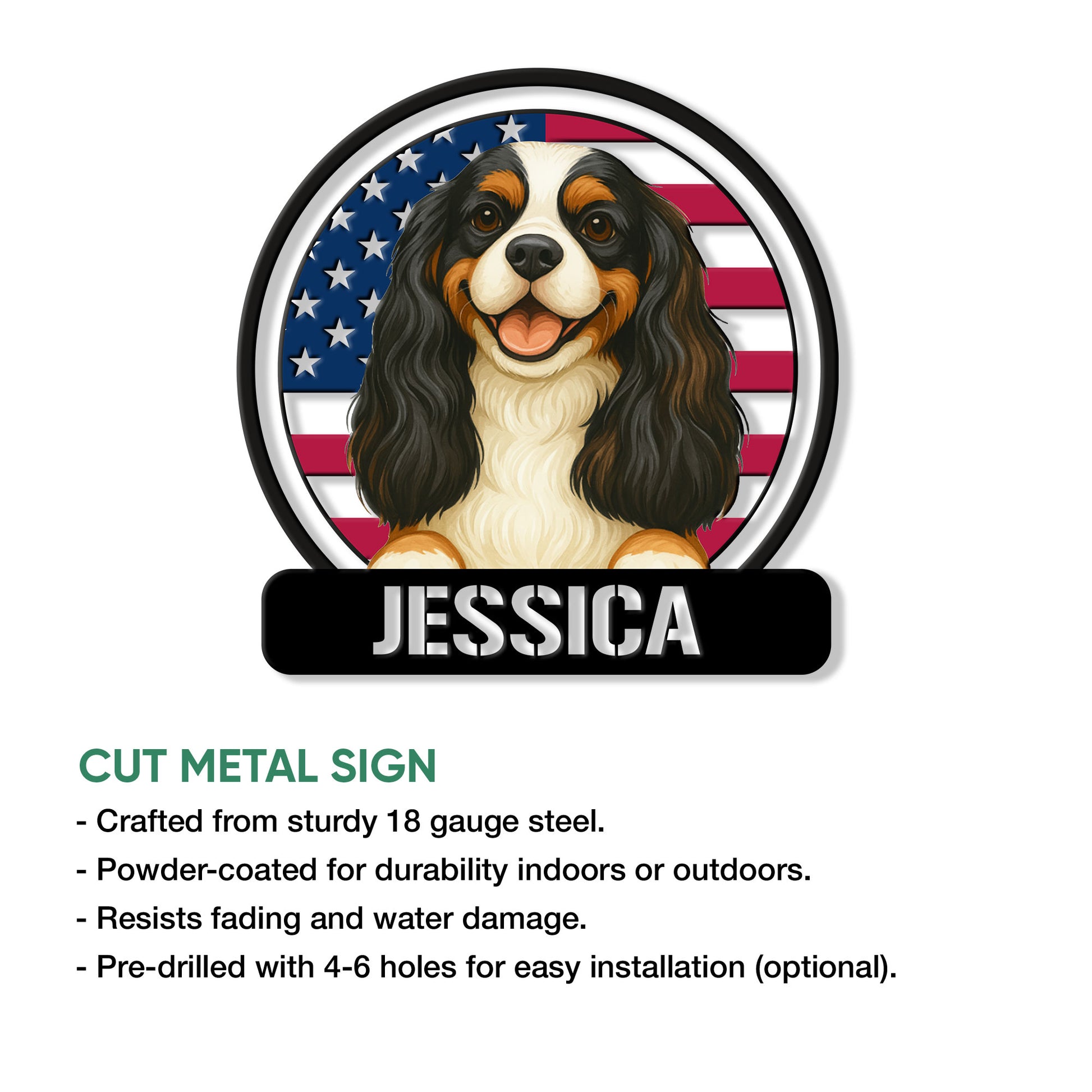 Cavalier King Charles dog metal sign shown with cut-metal product features and installation information
