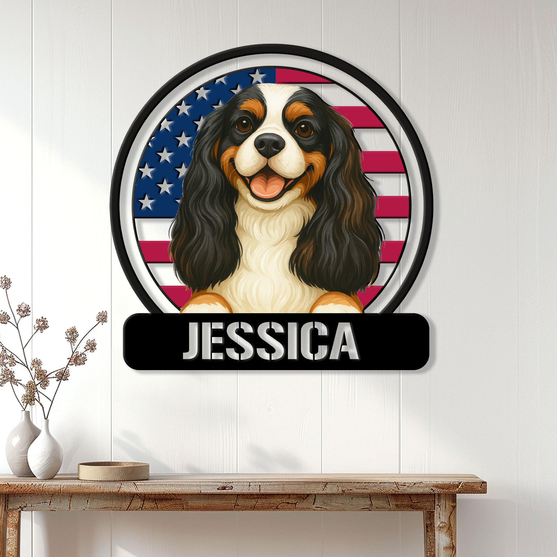 Cavalier King Charles Spaniel wall sign displayed on a white paneled wall in a bright home setting