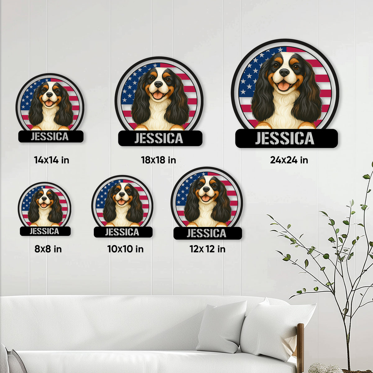 Cavalier King Charles metal sign size guide showing six available square sign dimensions