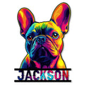 Colorful French Bulldog metal sign featuring a vivid pop art portrait with bold black frame accents