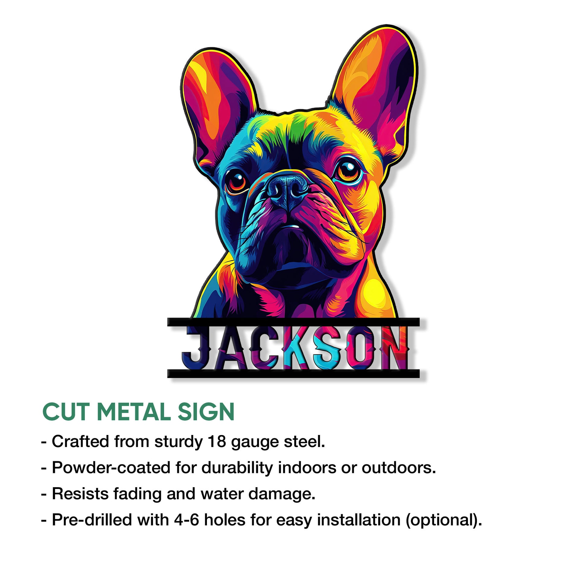 Cut metal French Bulldog sign displaying a bright multicolor portrait in a bold artistic style