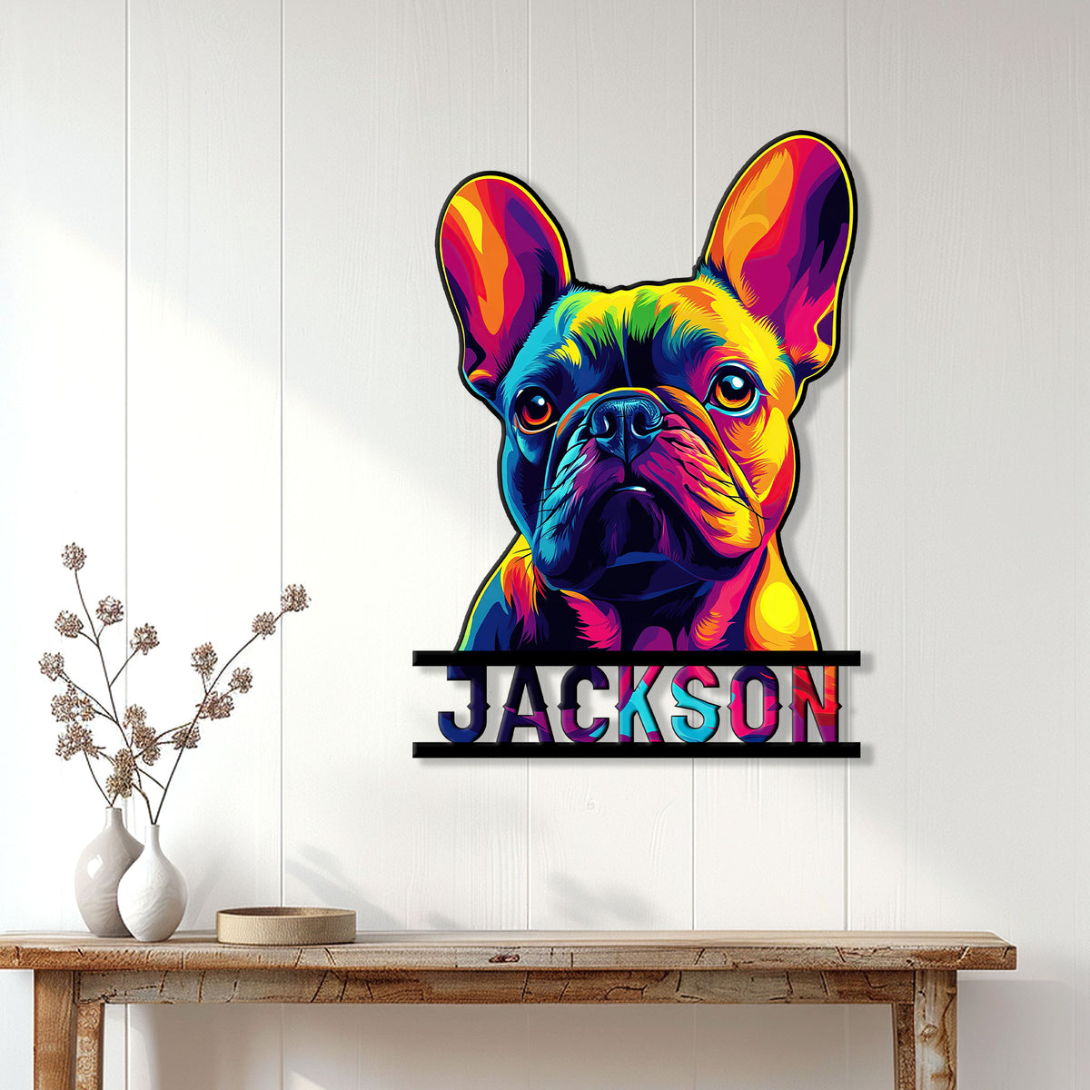 Colorful Frenchie metal wall sign displayed above a console table in a bright modern home