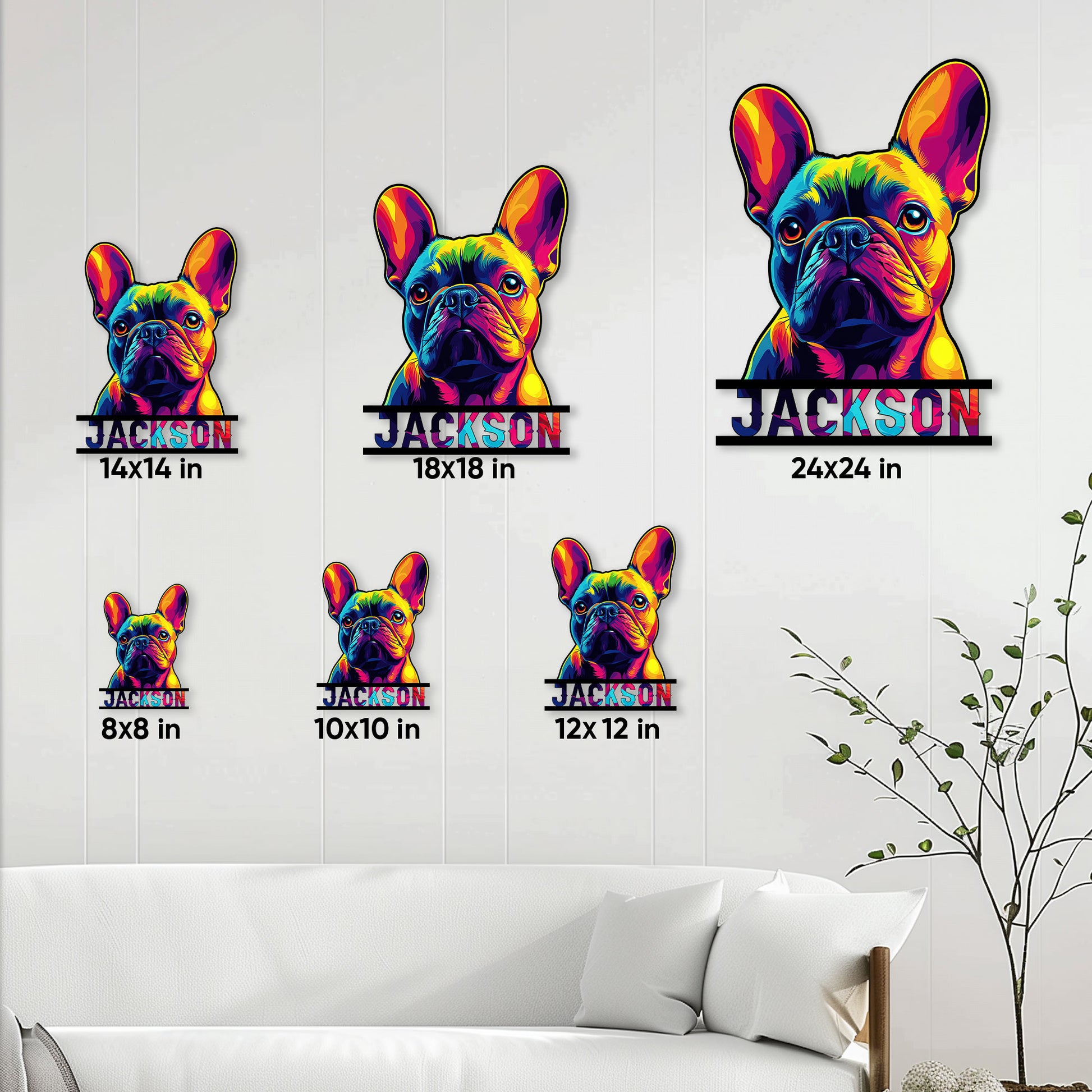 French Bulldog metal sign shown in multiple size options for different wall decor spaces