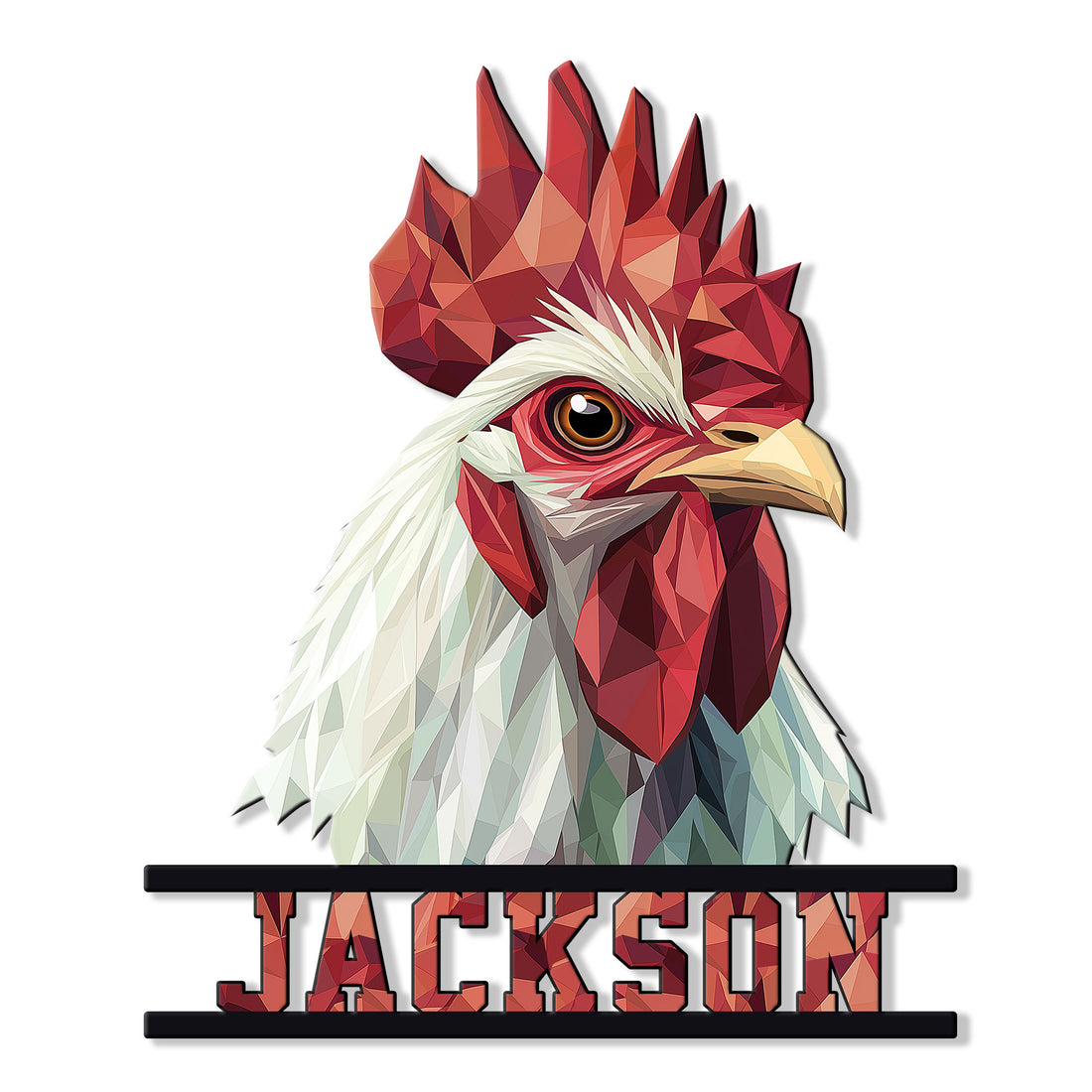 Low-poly red rooster portrait metal sign with layered feather details and bold farmhouse style