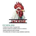 Cut metal sign featuring a colorful geometric rooster portrait for indoor or outdoor decor
