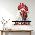 Low-poly rooster metal wall sign displayed above a console table in a bright farmhouse interior