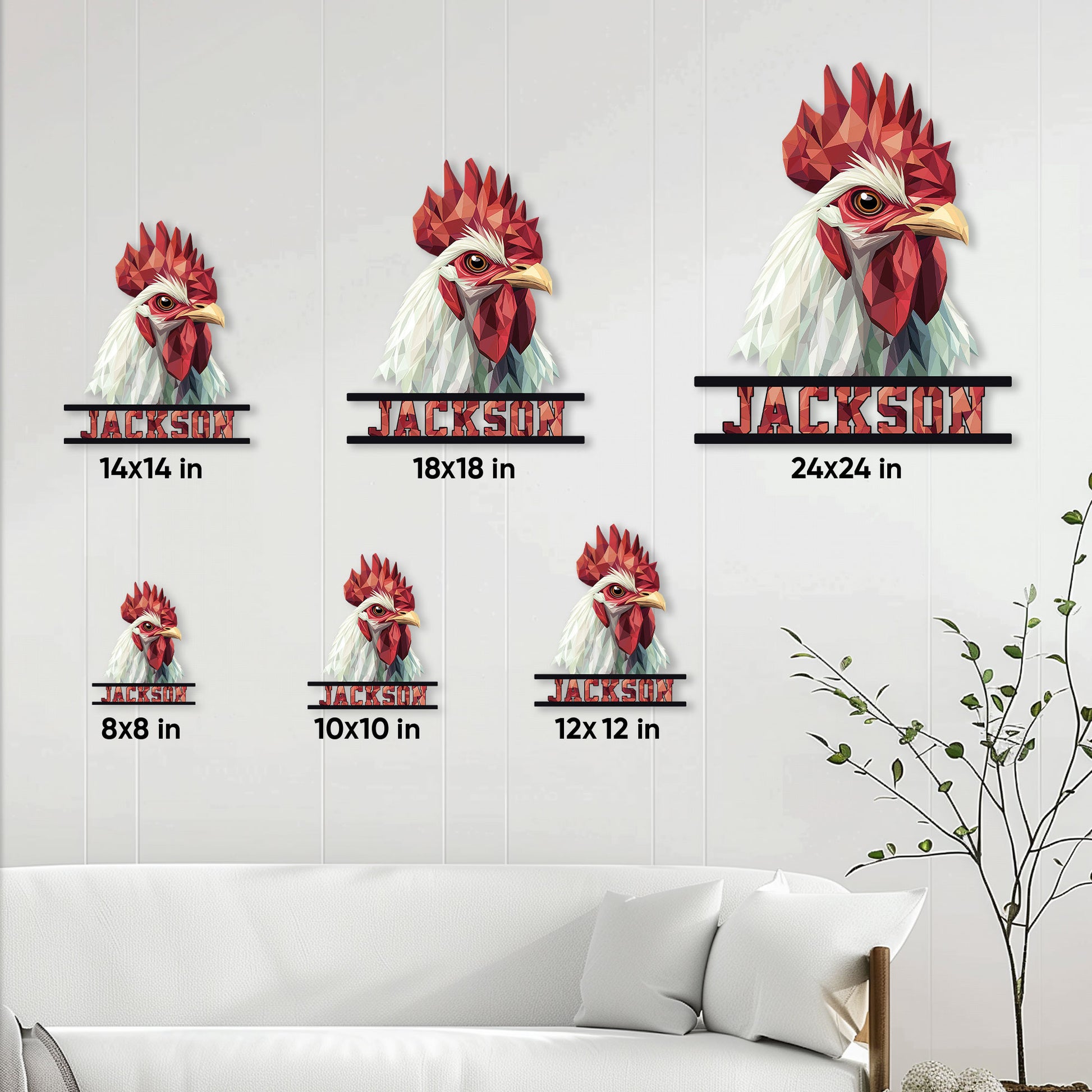 Rooster metal sign size guide showing available square sizes from 8 by 8 to 24 by 24 inches
