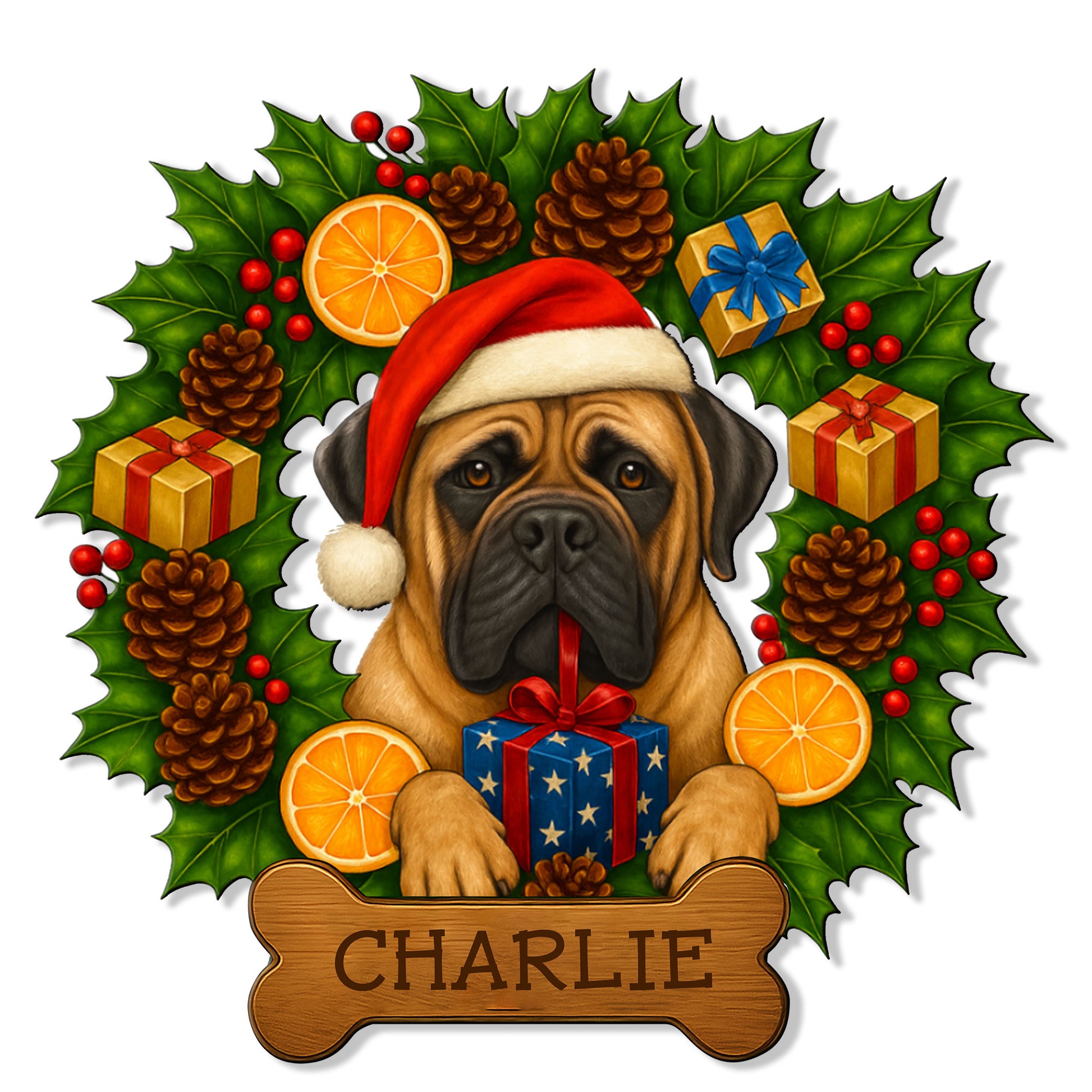 English Mastiff wearing a Santa hat with gifts, holly, pinecones, and festive greenery