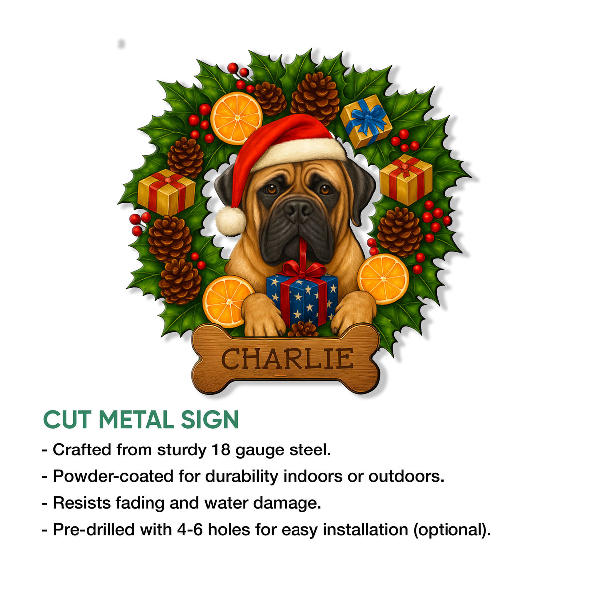 English Mastiff Christmas metal sign artwork shown with cut metal sign features and design details