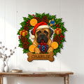 English Mastiff Christmas wall sign displayed on white paneled decor above a console table