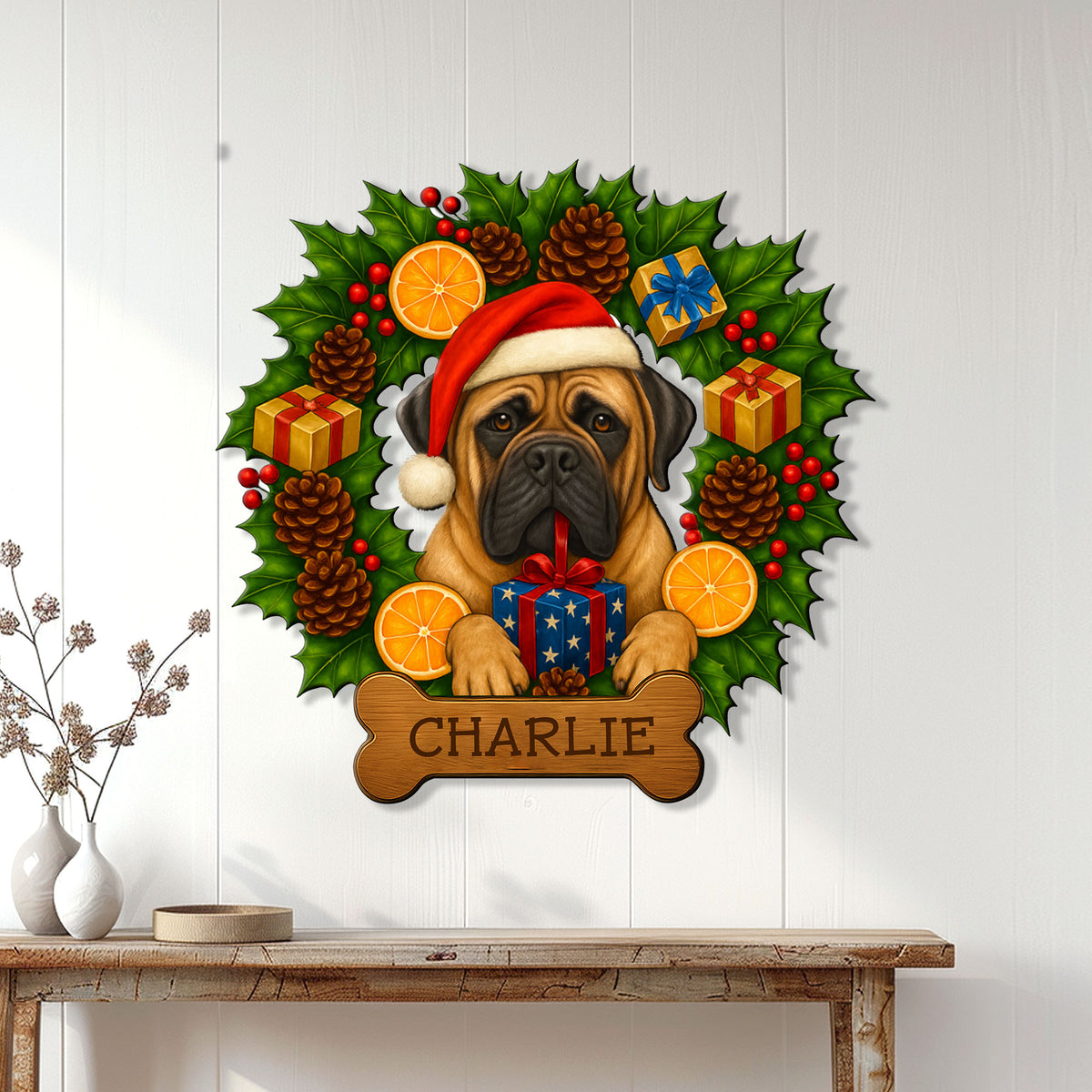 English Mastiff Christmas wall sign displayed on white paneled decor above a console table