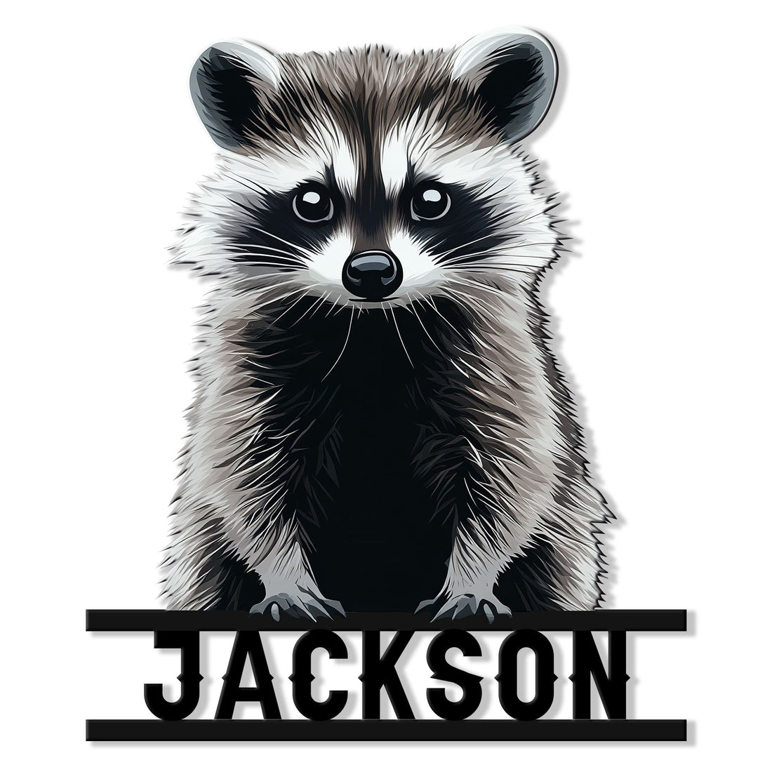 Detailed raccoon metal sign featuring a curious woodland animal portrait and bold horizontal frame