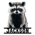 Detailed raccoon metal sign featuring a curious woodland animal portrait and bold horizontal frame