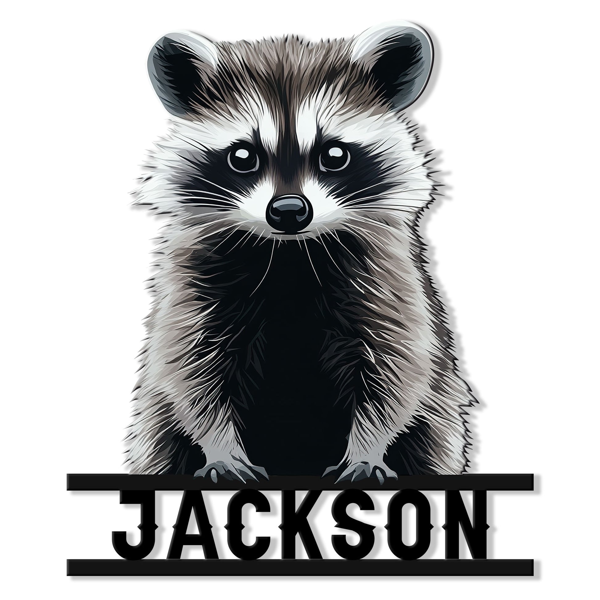 Detailed raccoon metal sign featuring a curious woodland animal portrait and bold horizontal frame