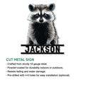 Raccoon cut metal sign shown with product features for durable indoor or outdoor display