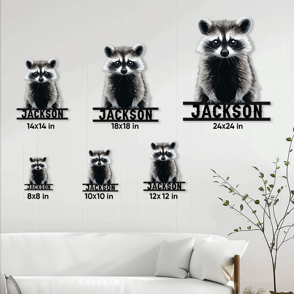Raccoon metal sign size guide showing available dimensions from 8 by 8 to 24 by 24 inches