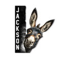 Custom donkey metal sign featuring a realistic donkey portrait with bold vertical lettering and a rustic black finish