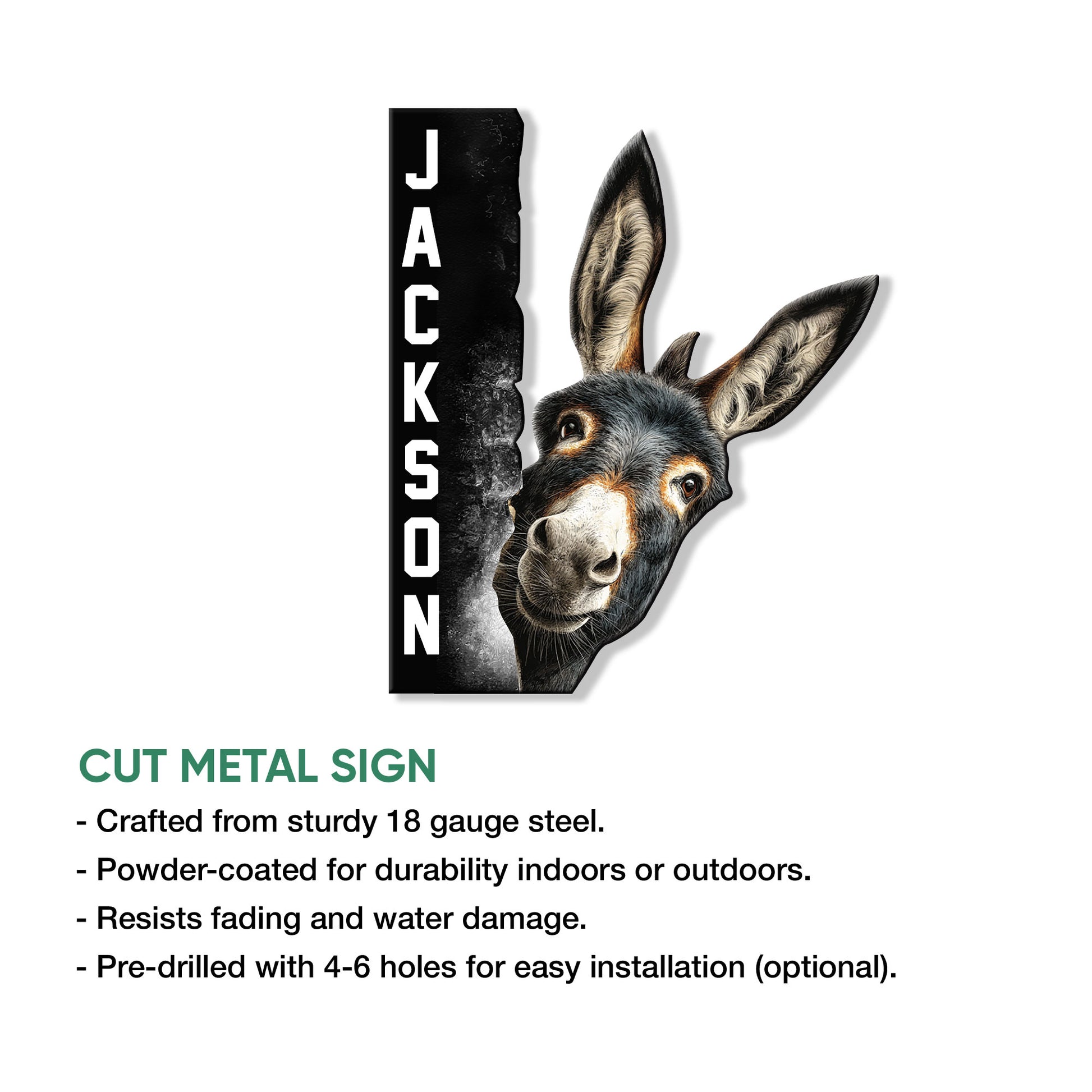 Donkey metal sign shown with cut-steel construction details and a detailed realistic animal portrait