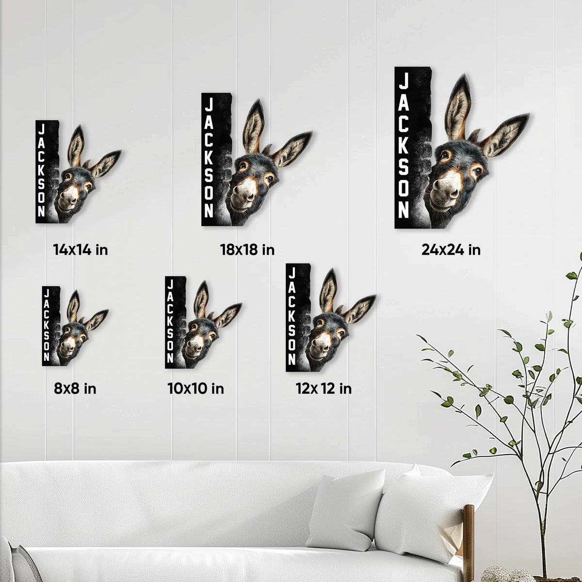 Donkey metal sign size guide showing available 8x8, 10x10, 12x12, 14x14, 18x18, and 24x24 inch options