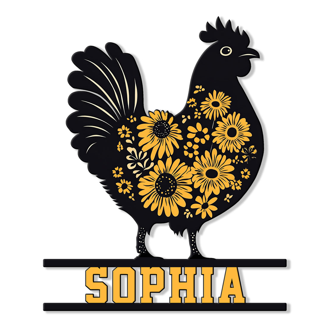 Floral chicken metal sign featuring a black hen silhouette filled with golden flowers and decorative wall rails