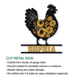 Floral chicken metal sign shown in a product feature graphic with a cut-metal silhouette and hanging rails