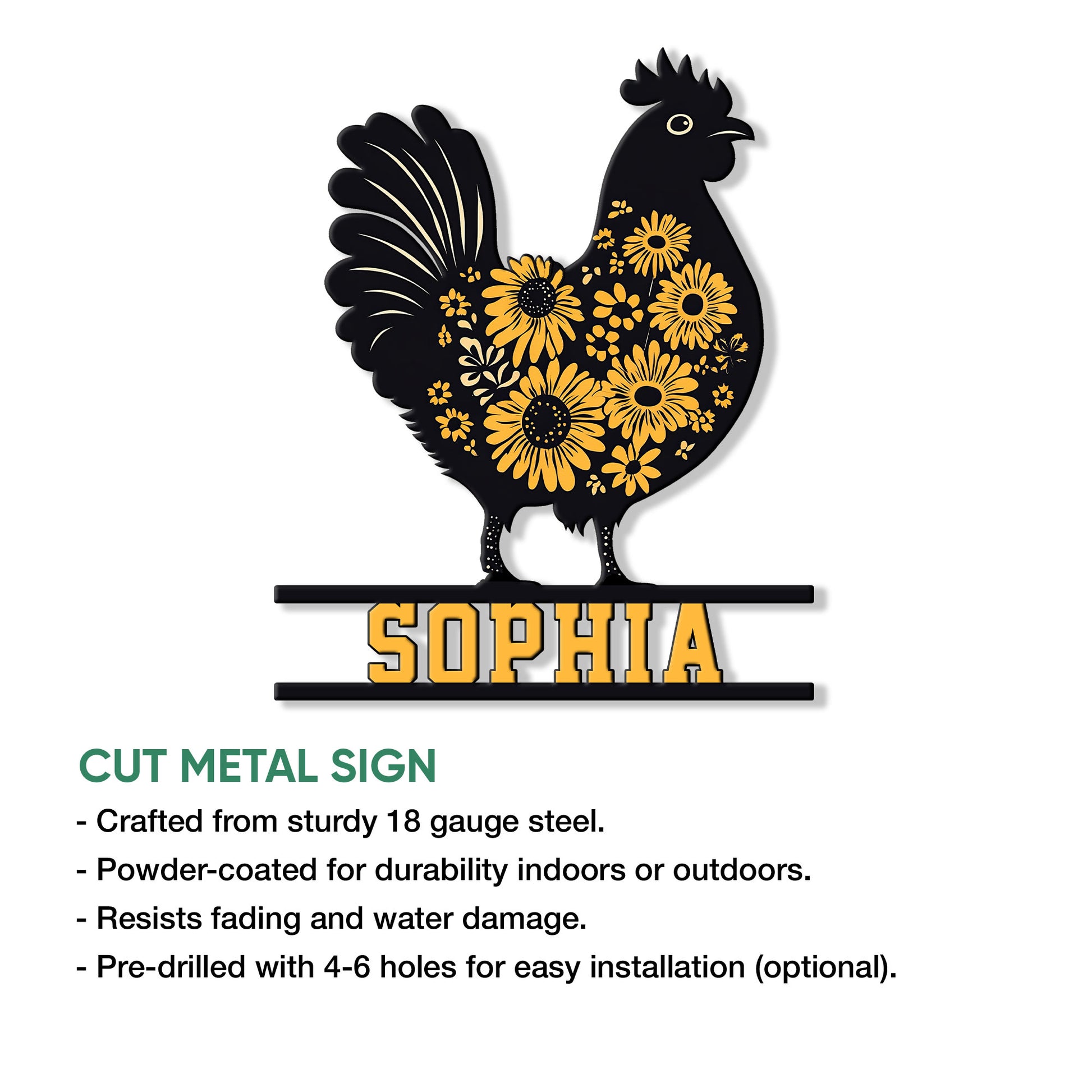Floral chicken metal sign shown in a product feature graphic with a cut-metal silhouette and hanging rails