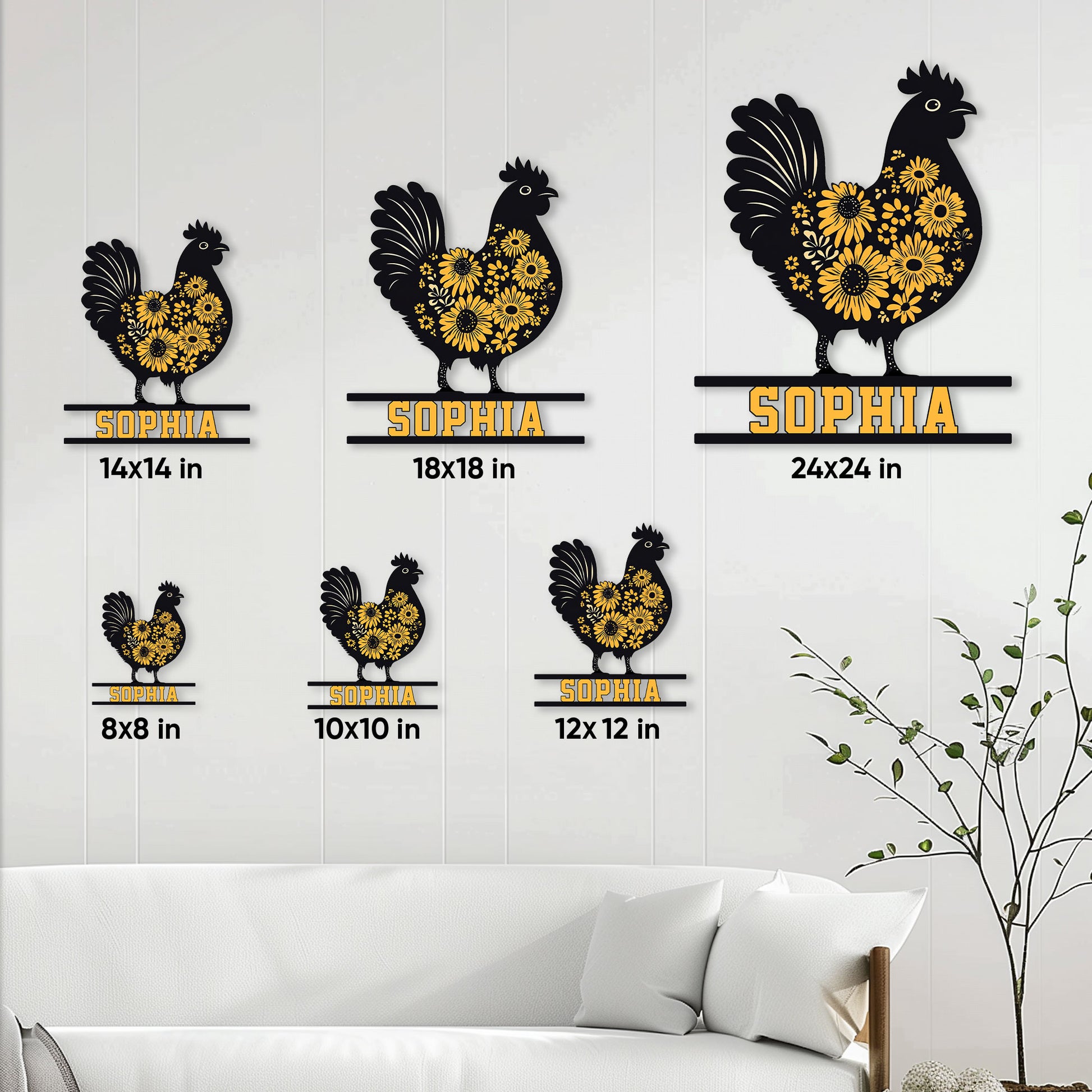 Chicken metal sign size guide showing multiple display sizes from 8 by 8 to 24 by 24 inches