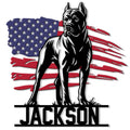 Cane Corso metal sign featuring a bold black-and-white dog portrait over a distressed American flag