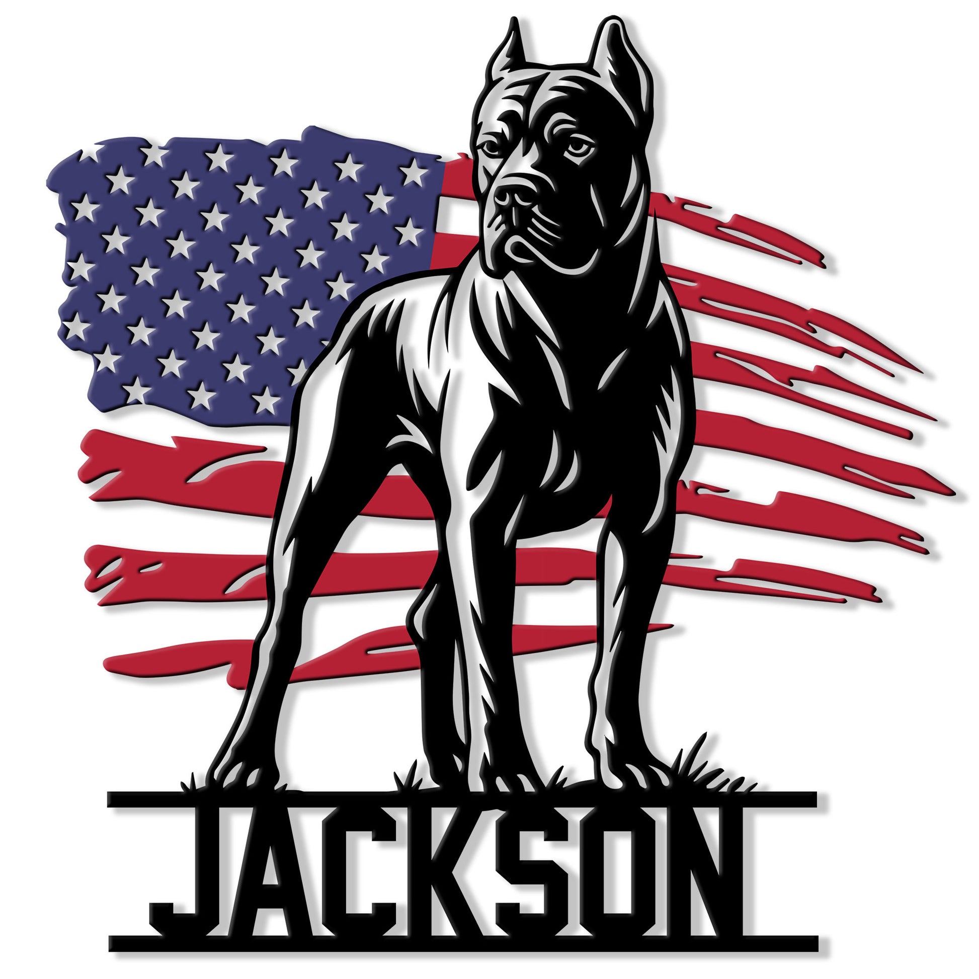 Cane Corso metal sign featuring a bold black-and-white dog portrait over a distressed American flag