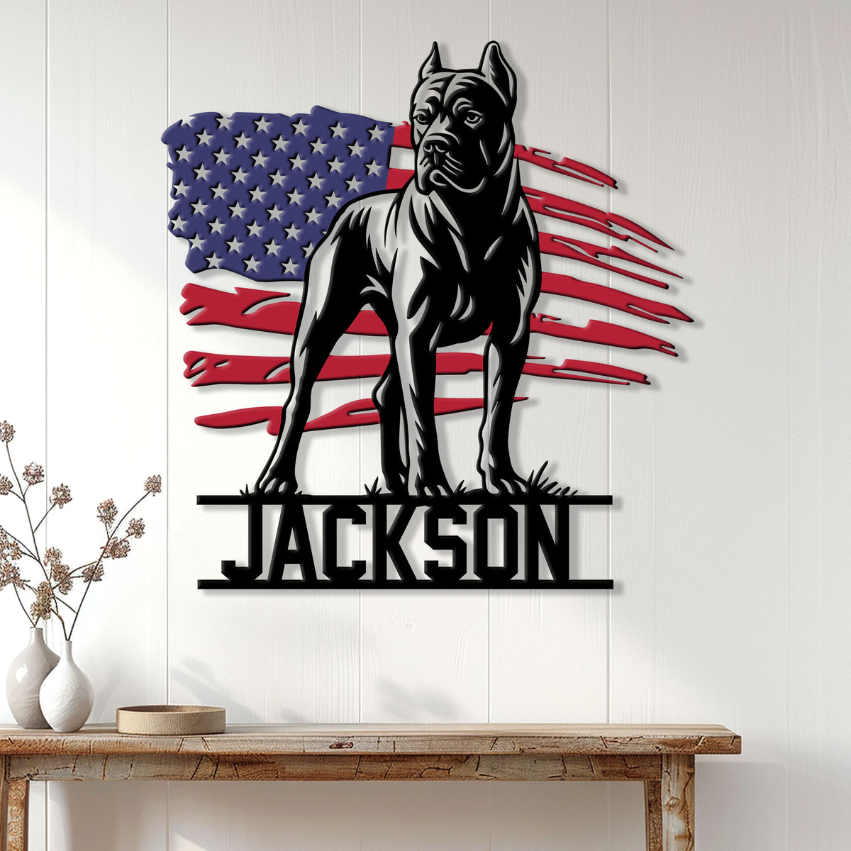 Patriotic Cane Corso wall sign displayed as statement decor above a console table