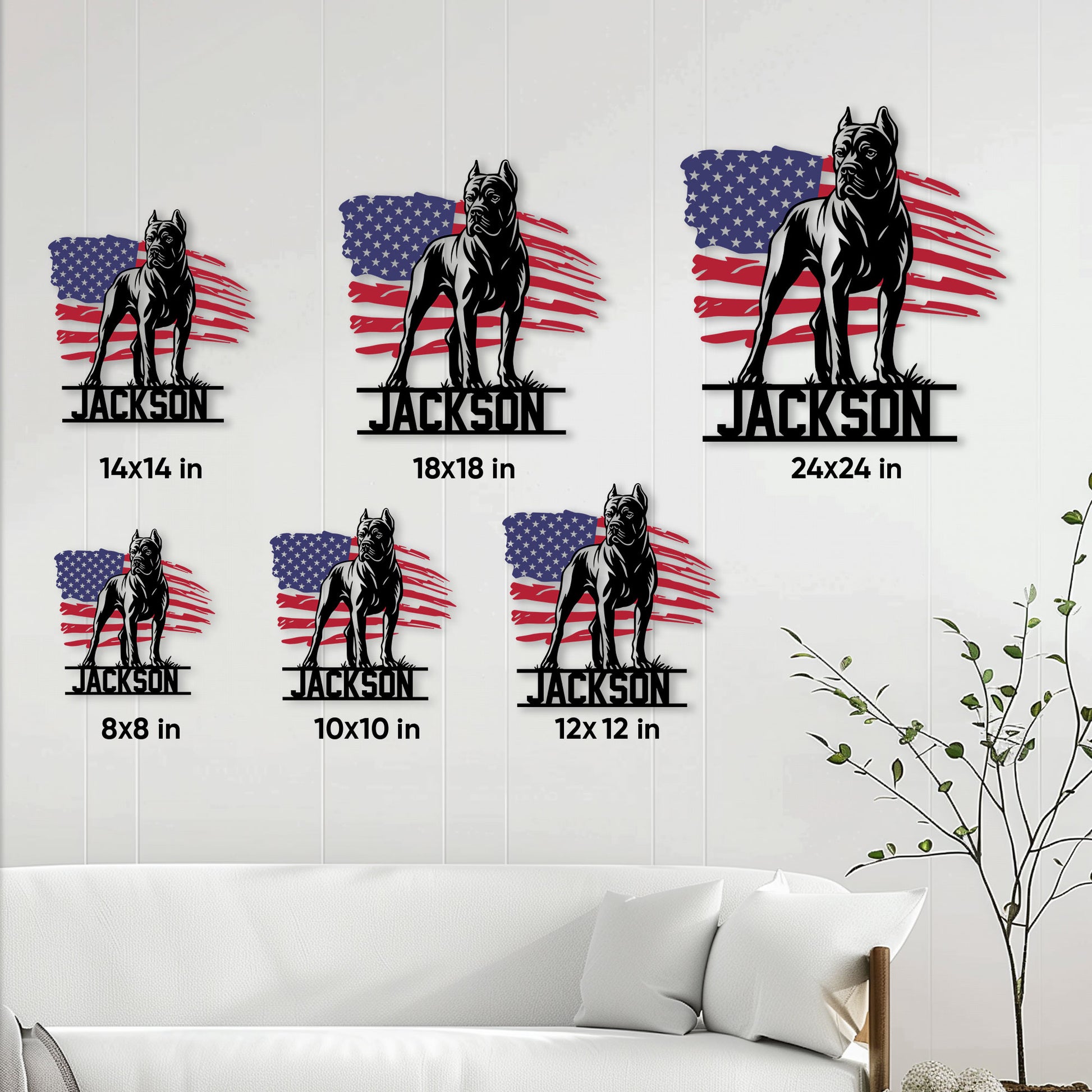 Cane Corso metal sign size guide showing six available square size options in a living room